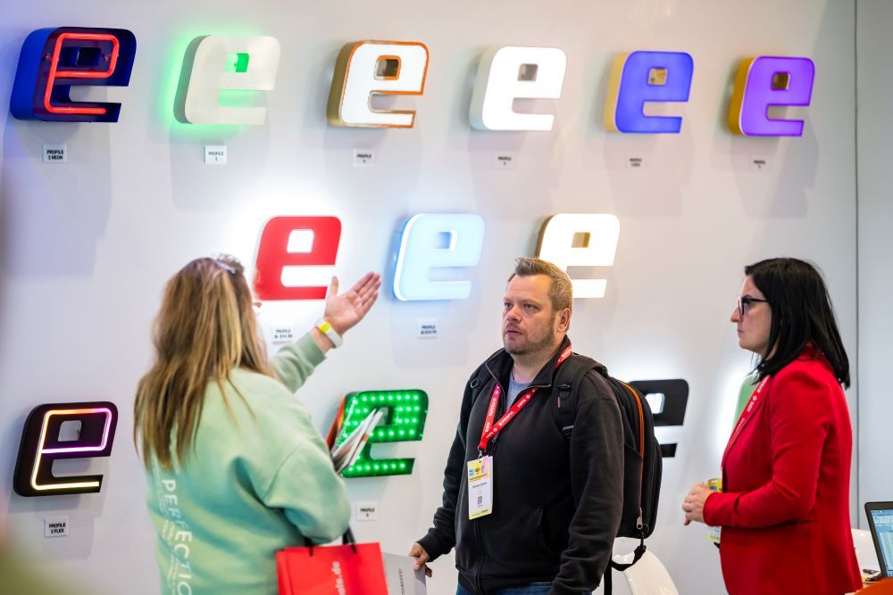 European Sign Expo floor with illuminated and digital signage displays